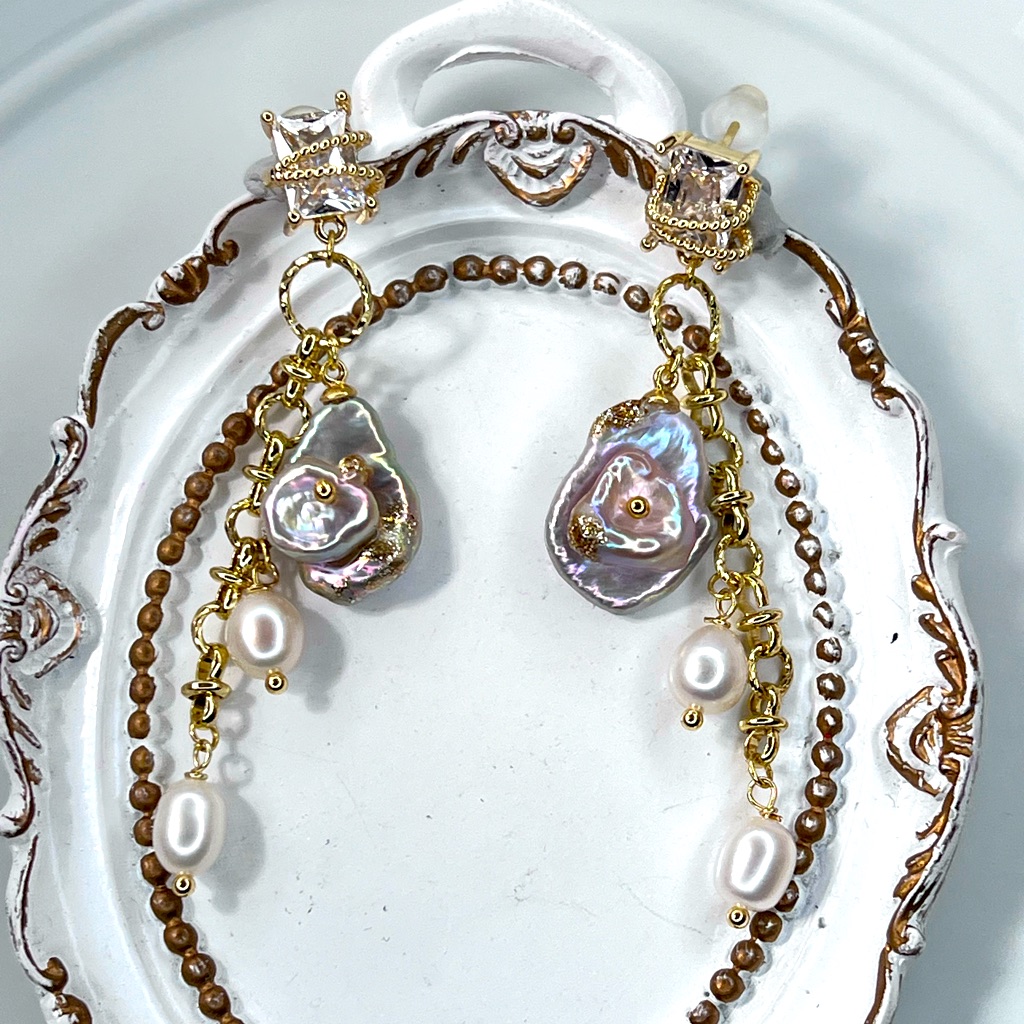 Handmade Freshwater Unicorn Keshi Baroque Pearl Earrings S925 Ss Crystal